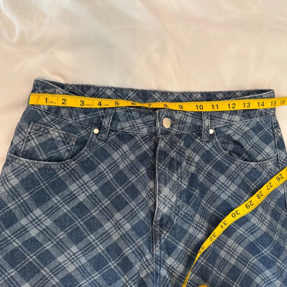 Cider Plaid Jeans Blue Denim Wide Leg Women’s Large Y2K - Picture 4 of 5